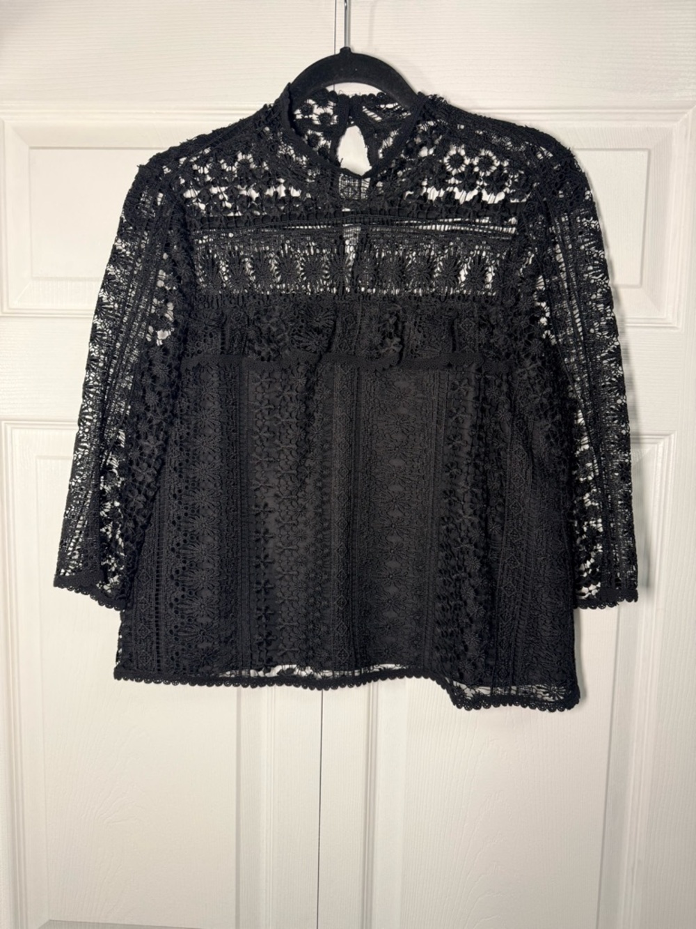 cupcakes & cashmere Black Lace High-Neck Crochet Blouse